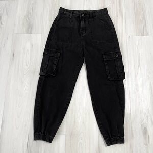 Petite High Waisted Black Denim Flap Pocket Cropped Ankle Cargo Pants